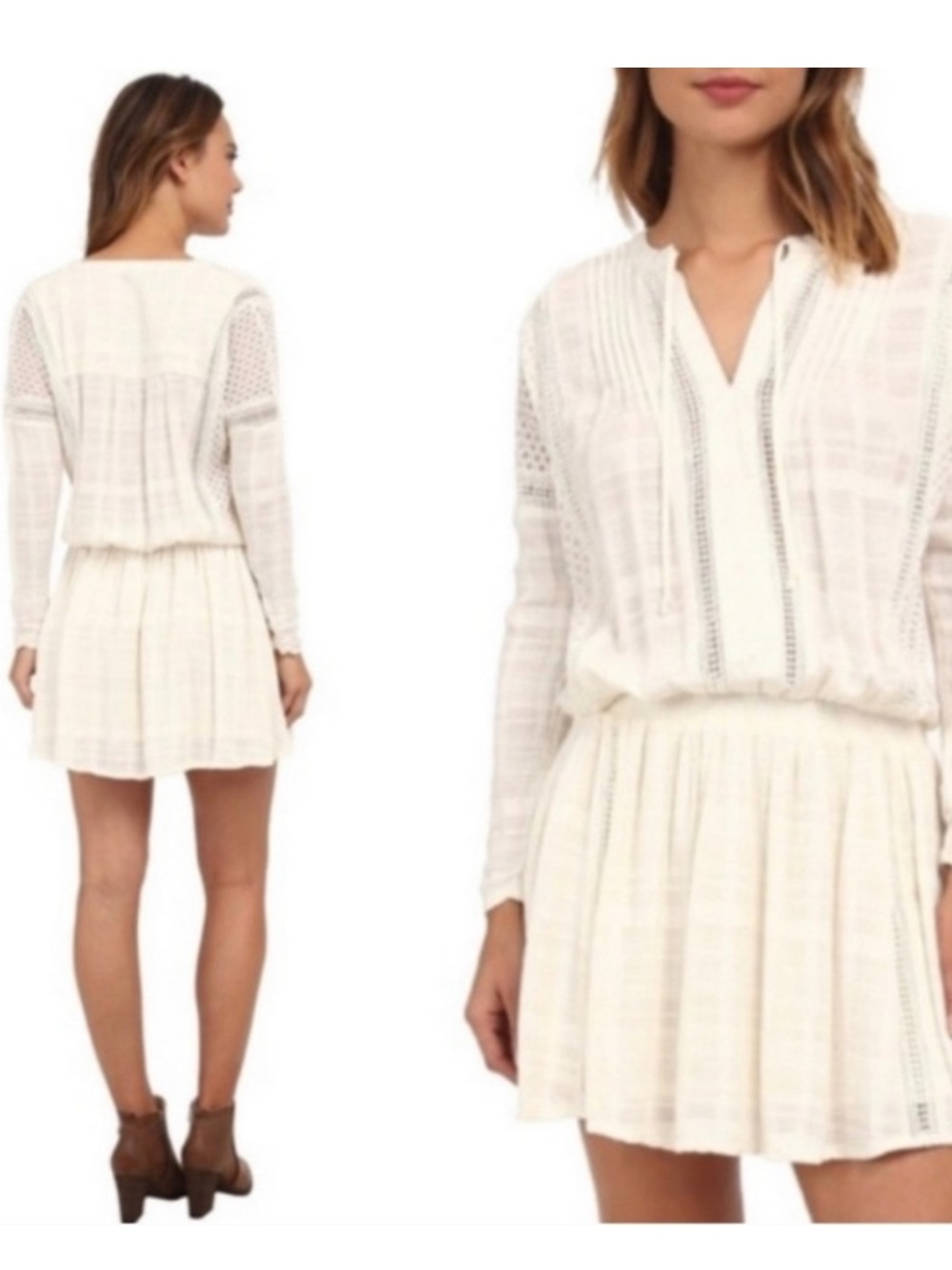 Free People Cream Crochet-Detail Long Sleeve Mini Dress SzM